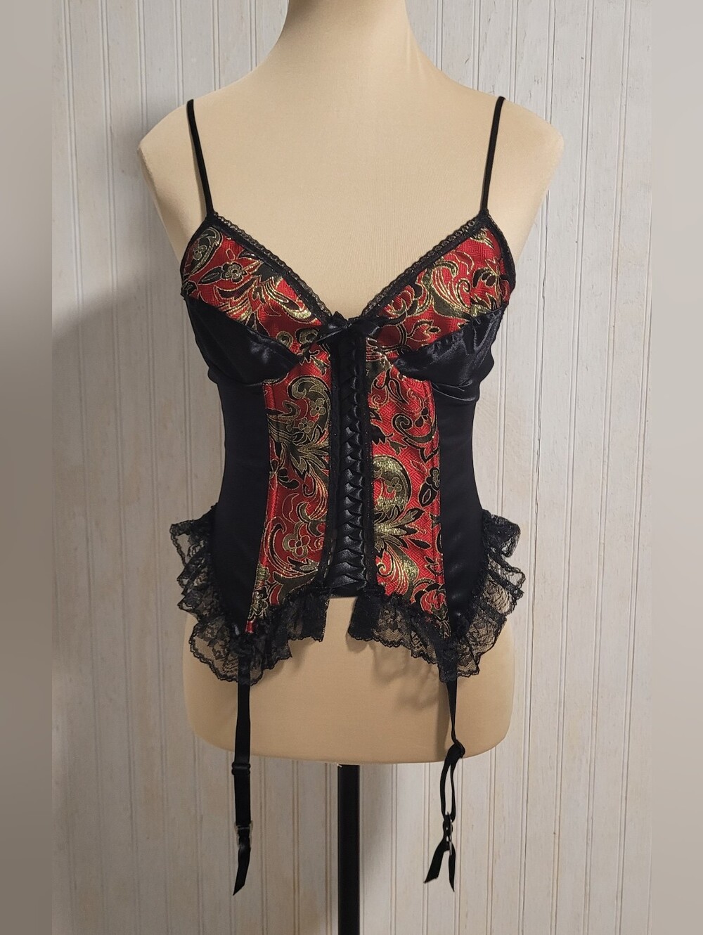 Vintage 90s Cinema Etoile Gold Red Brocade Corset Top With Garter Straps Size M
